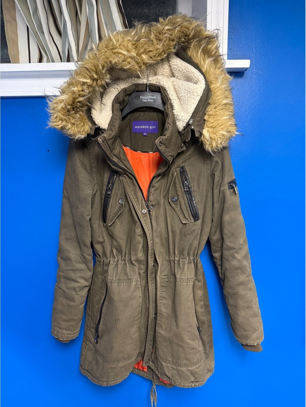 Madden Girl Womens Small Faux Fur Trim Hooded Anorak Parka Jacket Olive Green